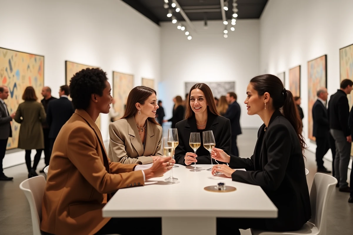 Groupe de personnalités élégantes lors d'un vernissage VIP dans une galerie d'art contemporain