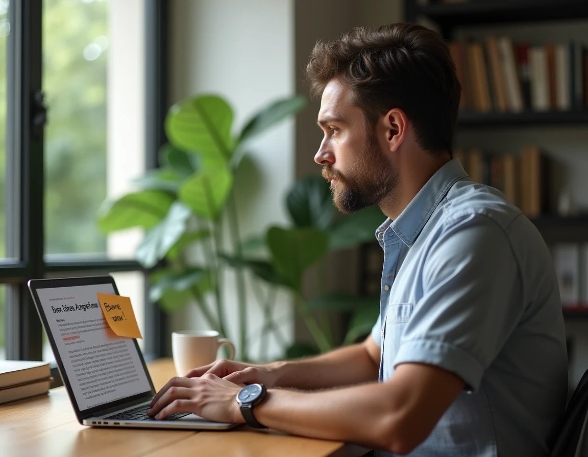 Homme consultant un article de grammaire sur son ordinateur portable avec un post-it indiquant Bonnes vacances dans un bureau à domicile