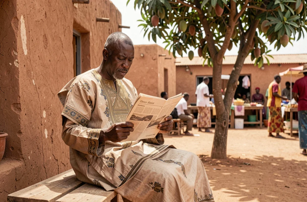 Homme burkinabè lisant un journal devant un bâtiment en banco à Ouagadougou, évoquant l'actualité quotidienne au Burkina Faso