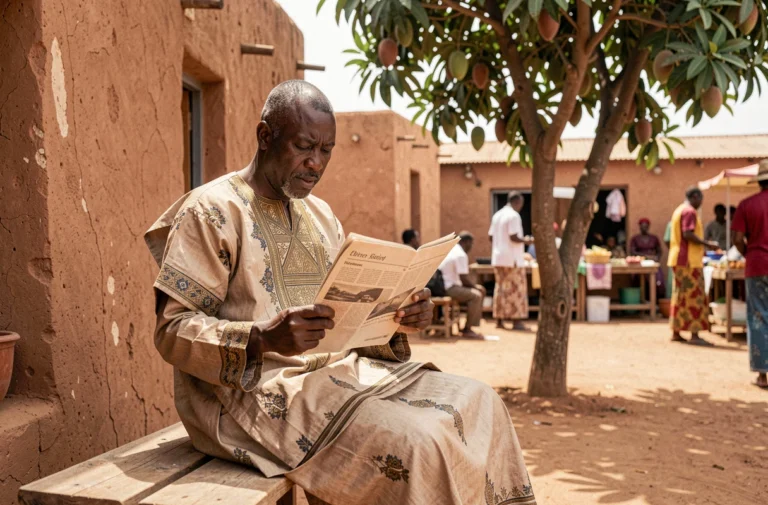 Homme burkinabè lisant un journal devant un bâtiment en banco à Ouagadougou, évoquant l'actualité quotidienne au Burkina Faso