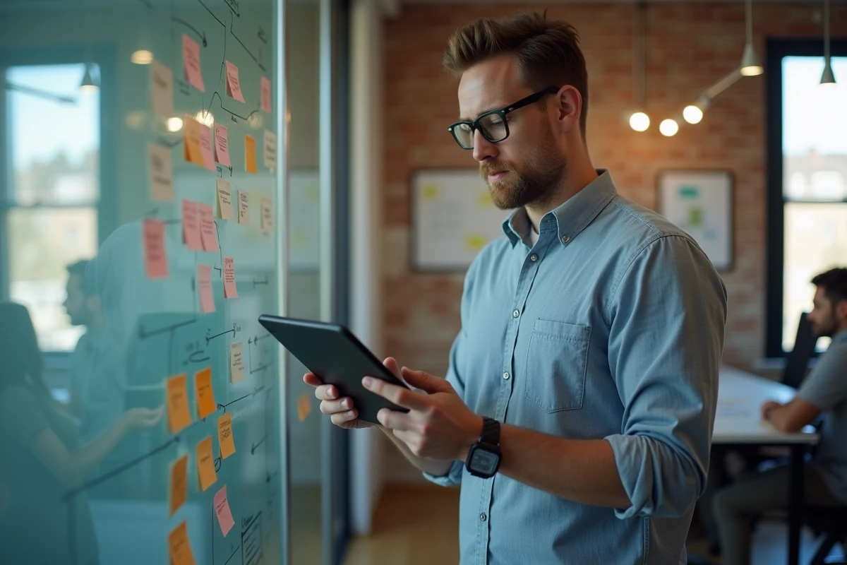 Homme analysant un projet dans un espace de coworking