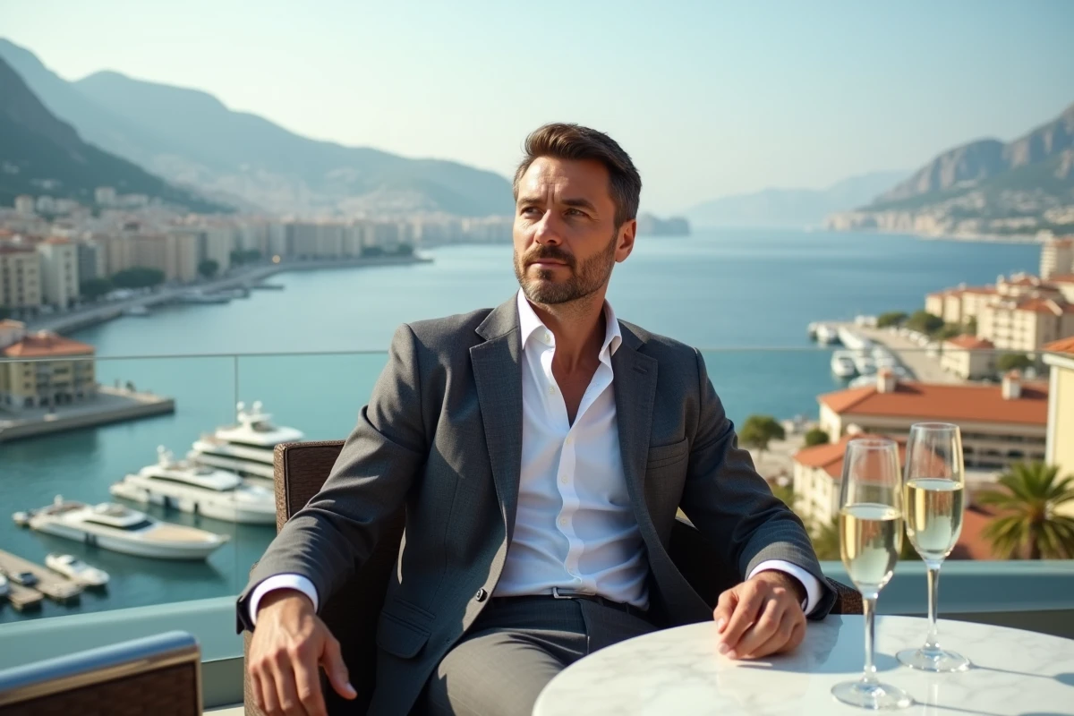 Homme en costume gris sur un rooftop de Monaco avec vue sur la mer, univers VIP et tendances luxe