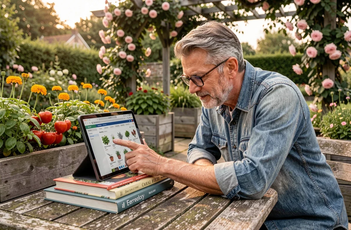 Homme senior passionné de jardinage consultant un forum de jardinage en ligne sur sa tablette dans son potager en terrasse