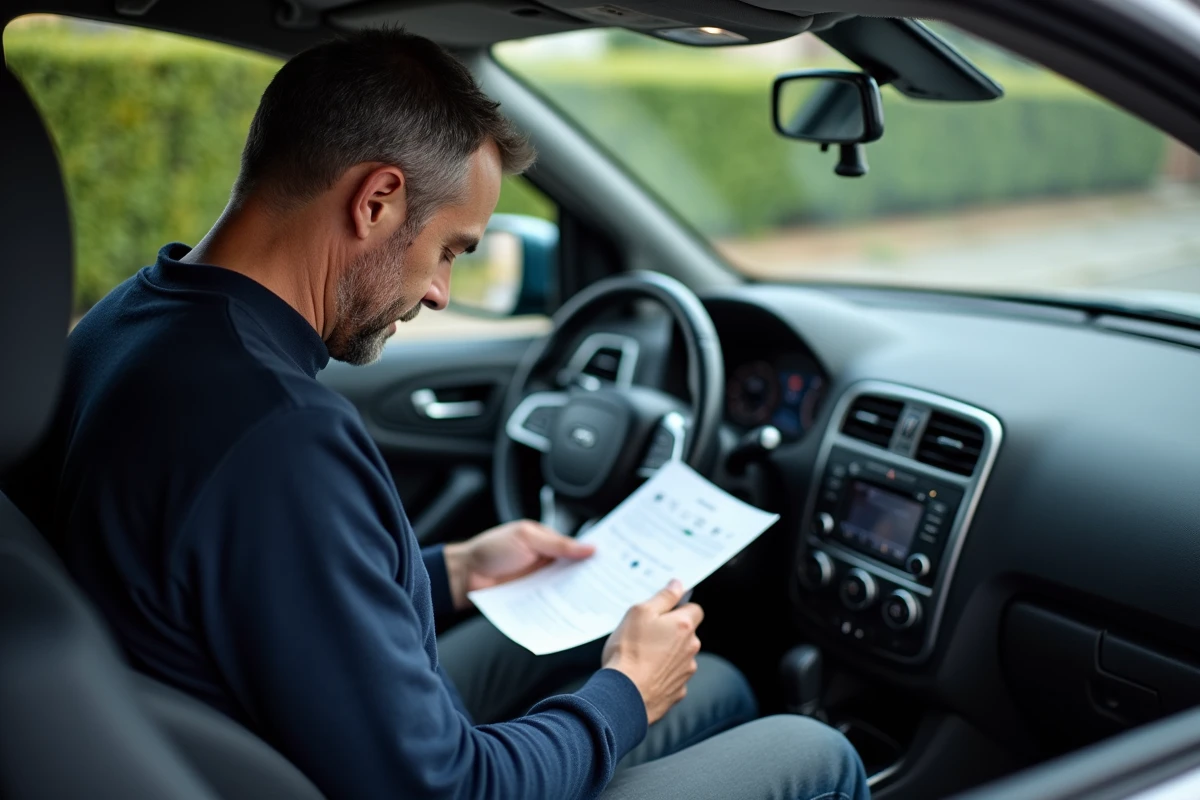 Homme lisant un manuel près de sa voiture stationnée