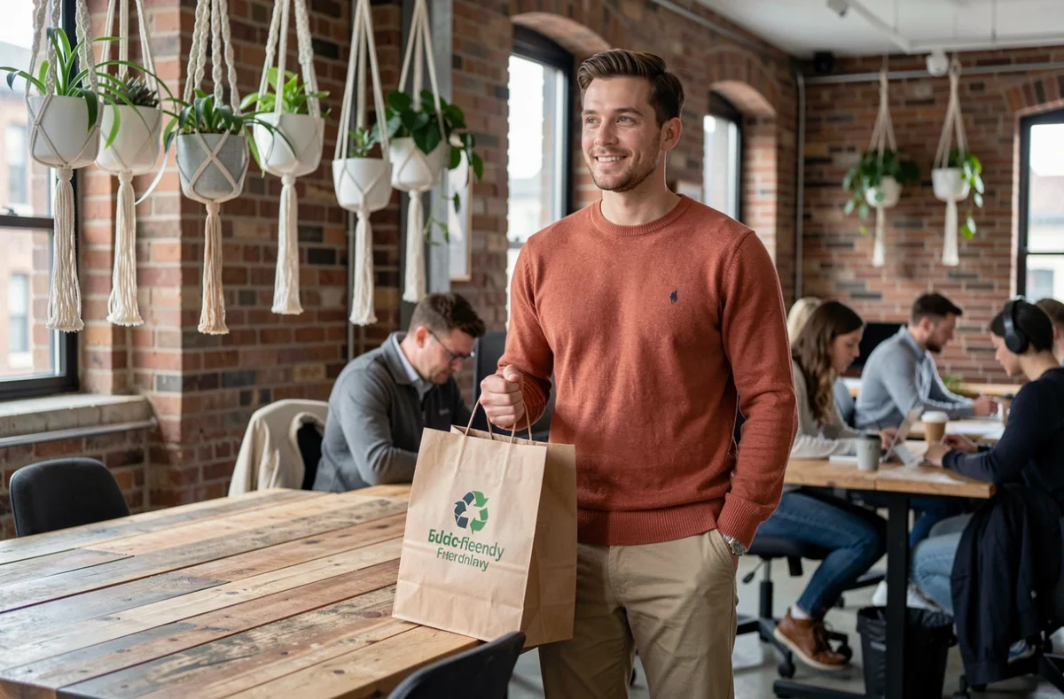 Homme tenant un sac en papier recyclé d'une marque éthique dans un espace de travail collaboratif moderne et responsable