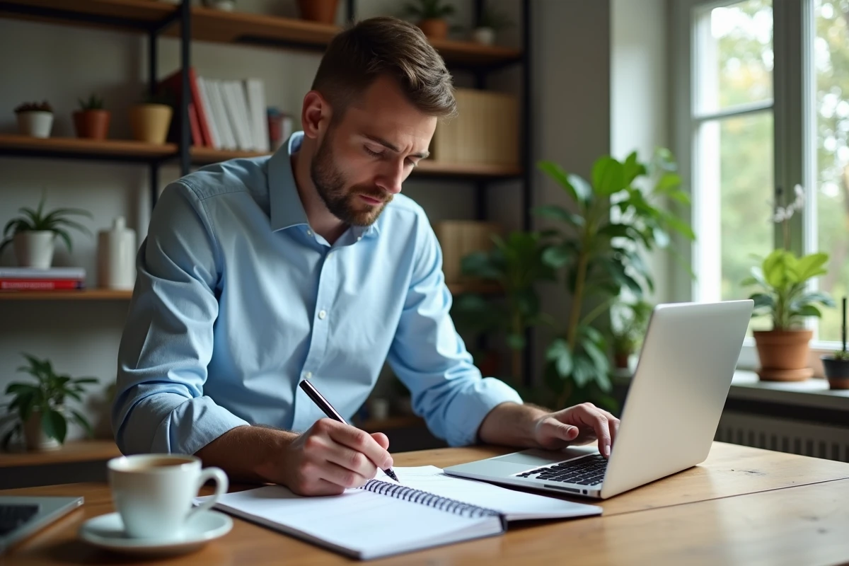Homme prenant des notes dans un bureau à domicile organisé