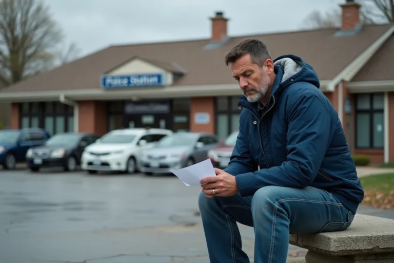 Homme d'âge moyen pensif assis sur un banc près d'une poste