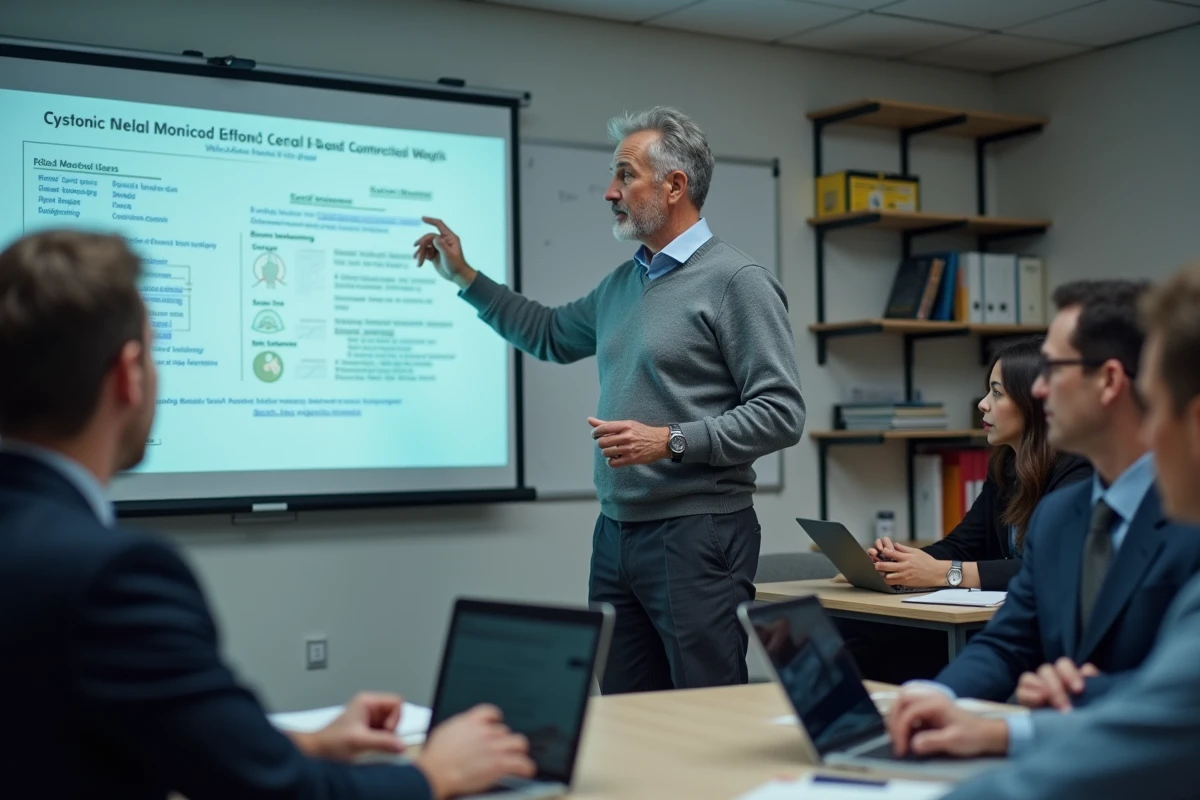 Homme présentant la cybersécurité à un groupe en classe