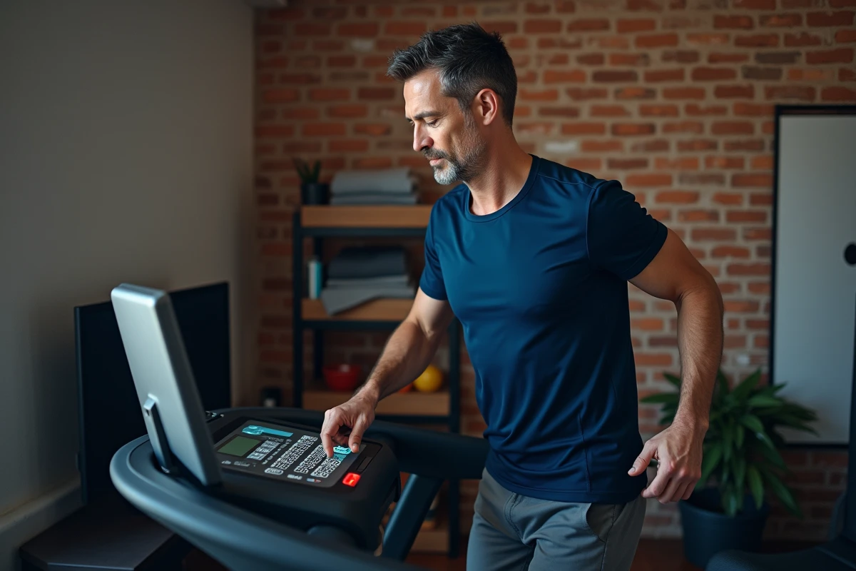 Homme utilisant le panneau de contrôle numérique d'un tapis de course ISE SY-1001 dans un espace fitness compact