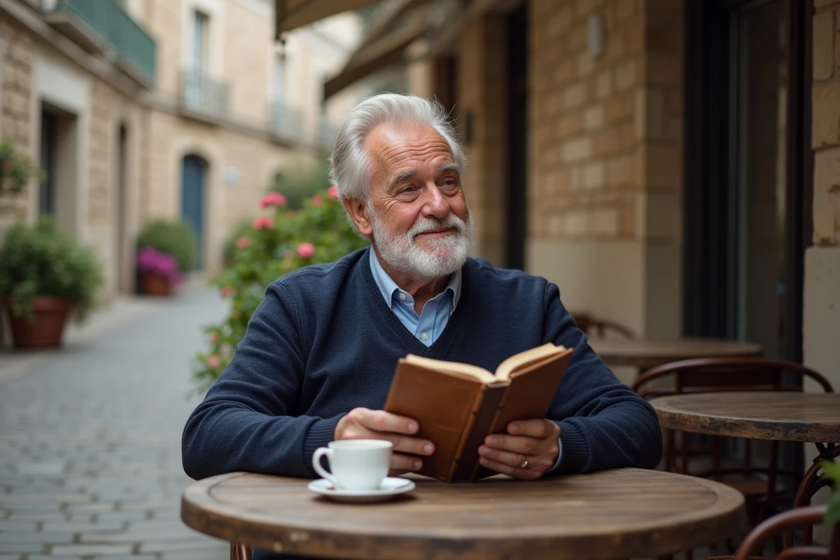 Homme senior détendu lisant un livre en terrasse de café, savourant sa retraite dans un village français