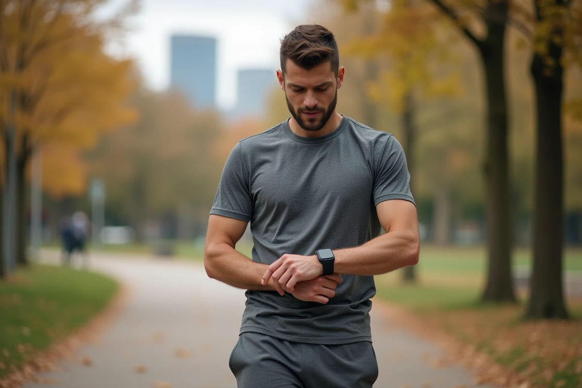 Homme sportif en plein air consultant un tracker de santé dans un parc urbain en automne