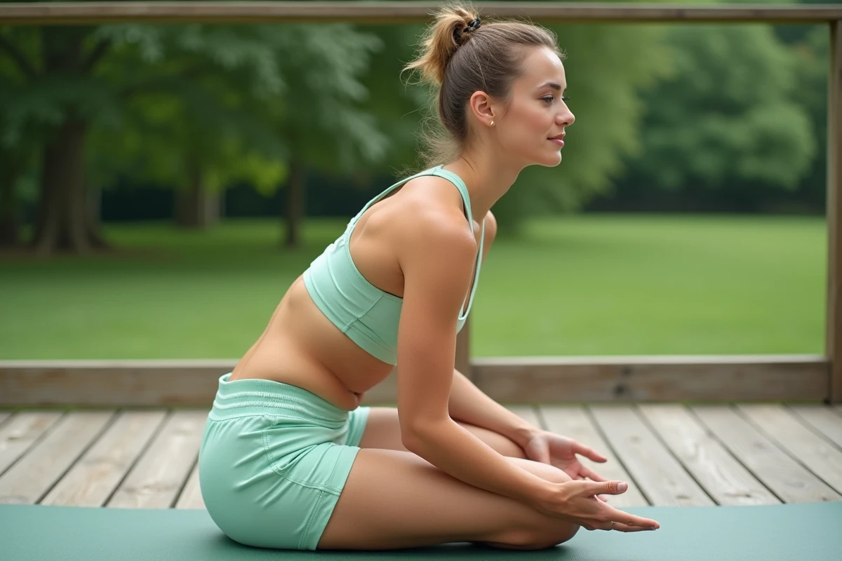 Femme avec un IMC sain pratiquant le yoga en plein air sur une terrasse en bois entourée de verdure