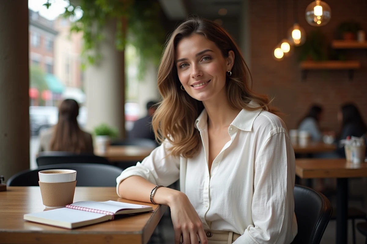 Femme en bonne santé assise dans un café avec une silhouette équilibrée et naturelle