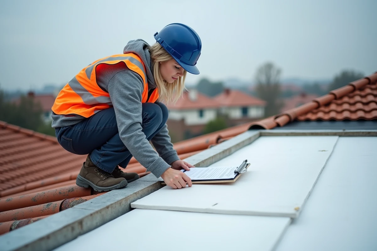 Architecte inspectant des panneaux isolants rigides sous les tuiles d'une toiture résidentielle lors d'un chantier de rénovation