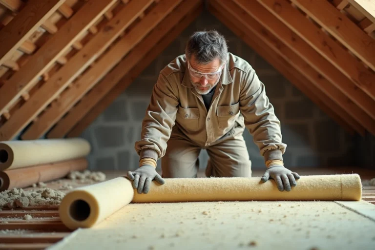 Ouvrier posant des rouleaux de laine minérale isolante entre les chevrons d'une toiture en bois dans un grenier résidentiel