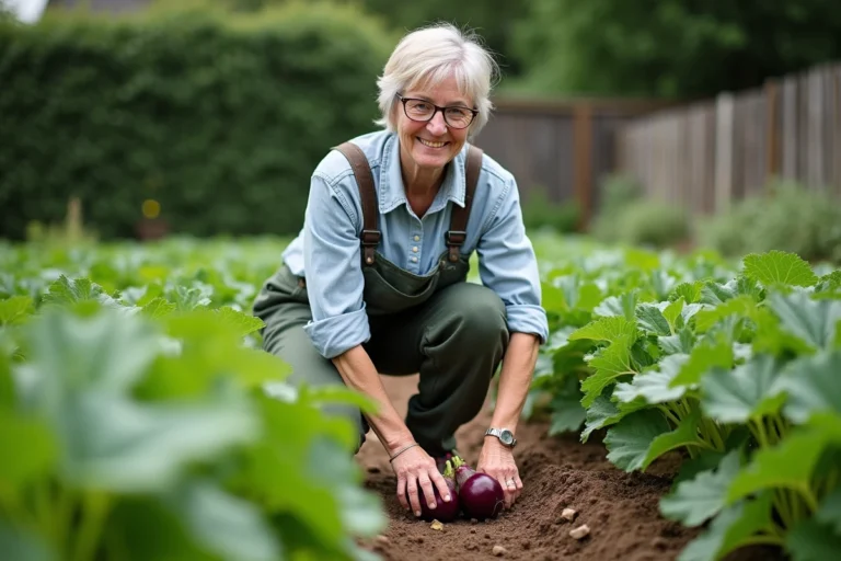 Femme souriante en jardinage entre légumes verts