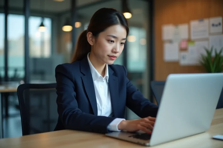 Jeune femme en blazer bleu étudiant en cybersécurité