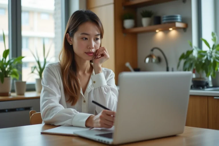 Jeune femme concentrée sur un site de location dans un appartement lumineux