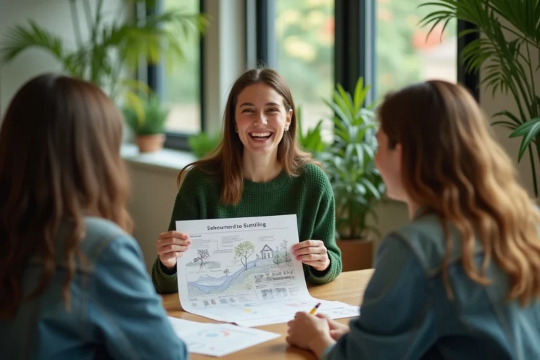 Jeune femme présentant un plan écologique à ses collègues