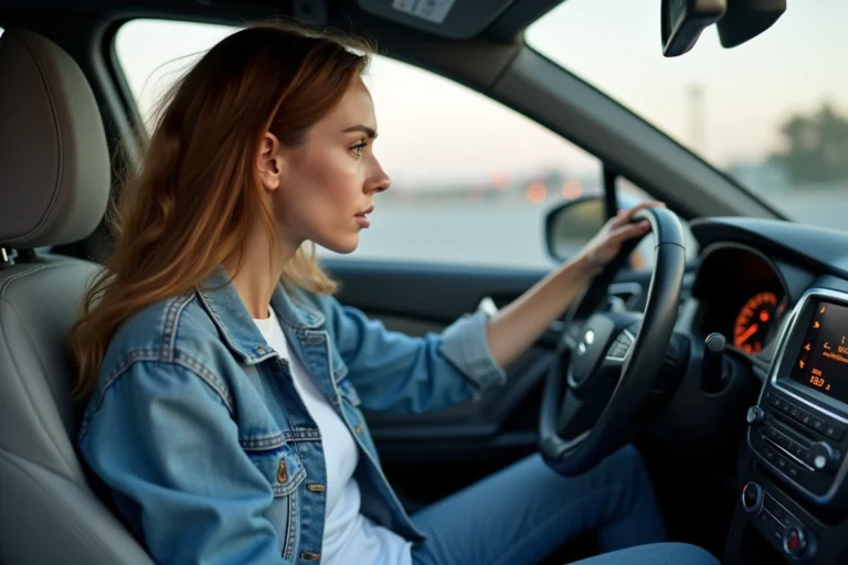Jeune femme dans une voiture moderne regardant le tableau de bord