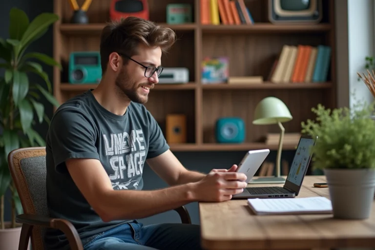 Jeune homme en t-shirt graphique utilisant une tablette dans un bureau cosy