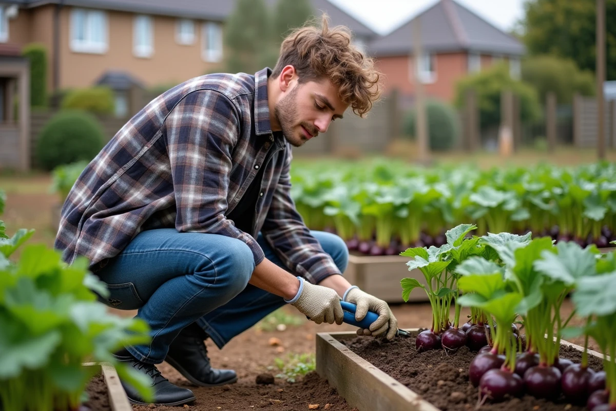 Jeune homme vérifiant la croissance des légumes