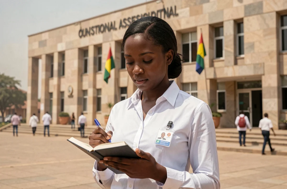 Journaliste burkinabè prenant des notes devant l'Assemblée nationale à Ouagadougou, symbole de l'actualité politique au Burkina Faso