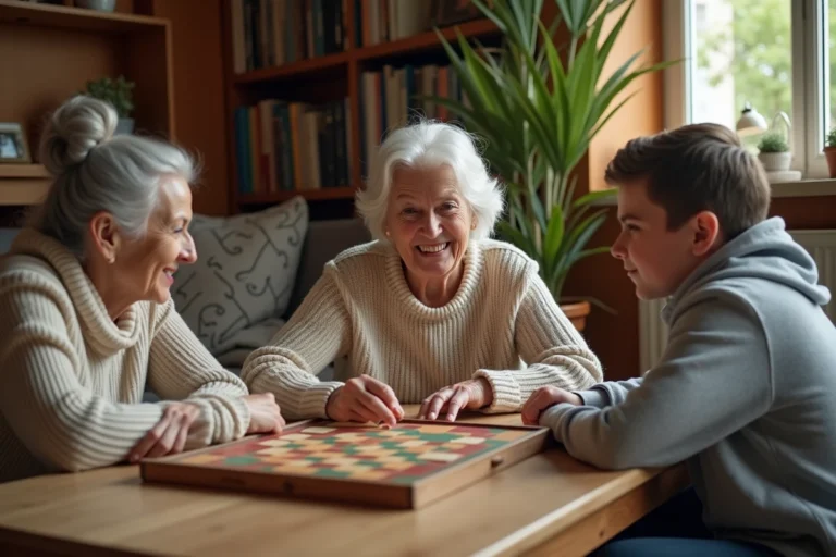 Grand-mère, mère et petite-fille jouant à un jeu de société ensemble dans un salon familial chaleureux
