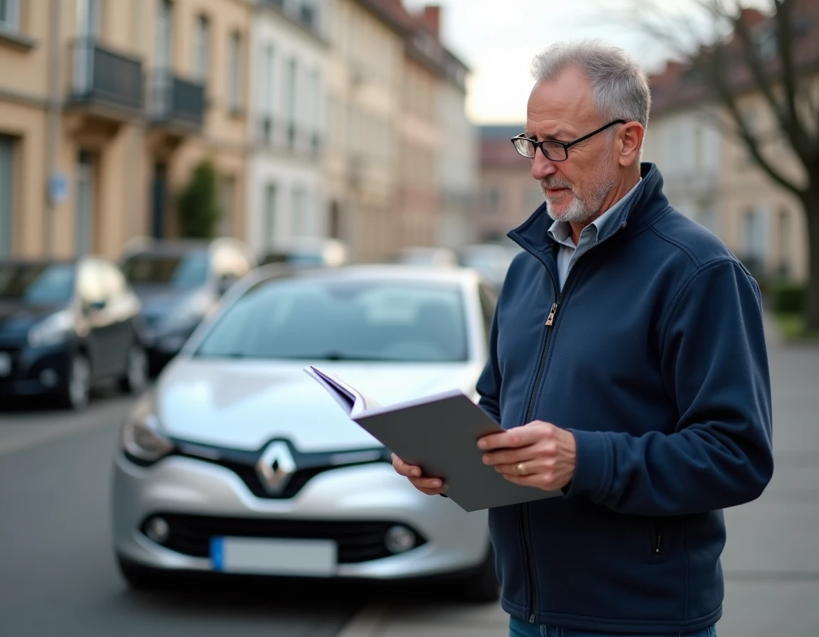 Homme consultant le manuel d'utilisation de la Renault Clio 3 pour configurer le Bluetooth