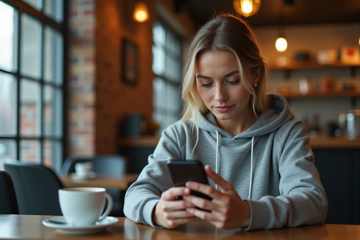 Jeune femme modifiant ses informations de vol Turkish Airlines sur l'application mobile dans un café