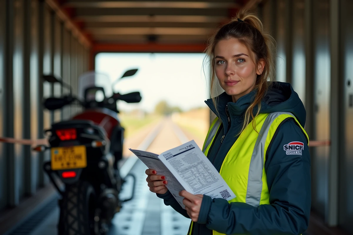Femme motarde vérifiant les documents SNCF à côté de sa moto attachée dans un wagon de fret