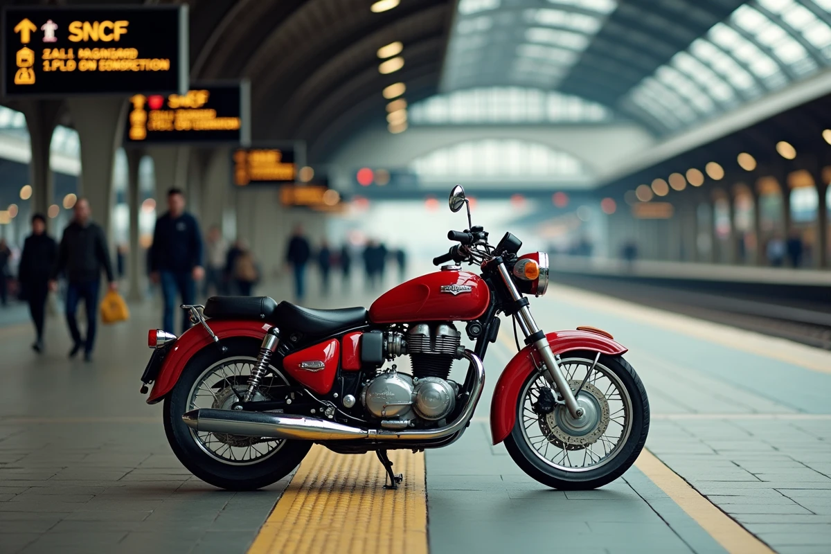 Moto de tourisme garée dans la zone dédiée d'une grande gare SNCF avec panneau de destinations européennes