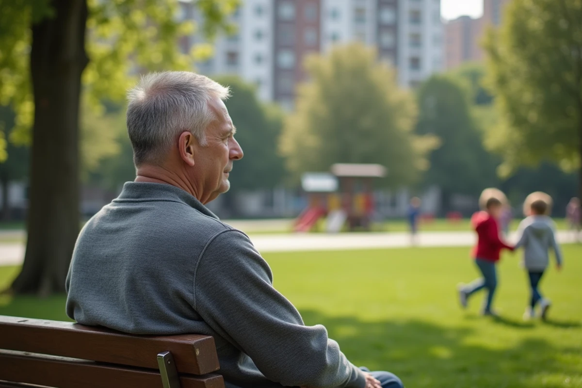 Homme regardant ses enfants jouer dans un parc urbain
