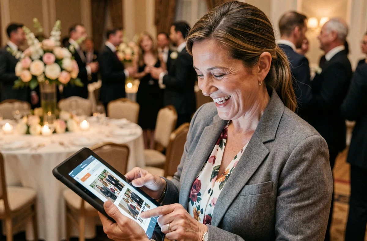 Invitée utilisant un photobooth numérique lors d'une soirée gala animée par Android Party