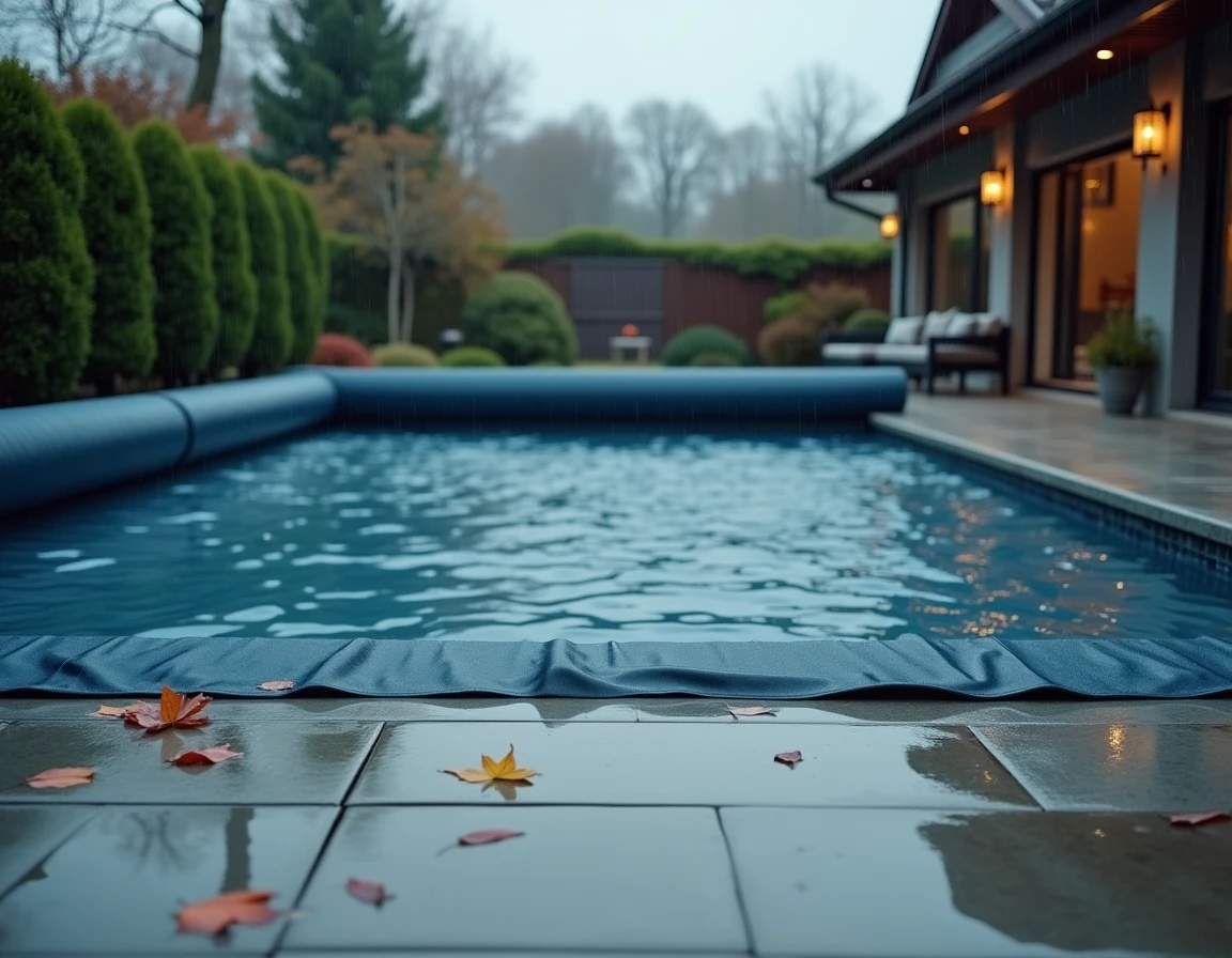 Piscine extérieure recouverte d'une bâche de protection sous la pluie avec des flaques d'eau sur le patio en pierre