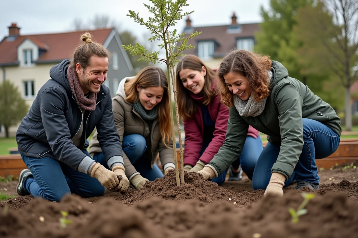 Groupe divers plantant des jeunes arbres dans un jardin communautaire