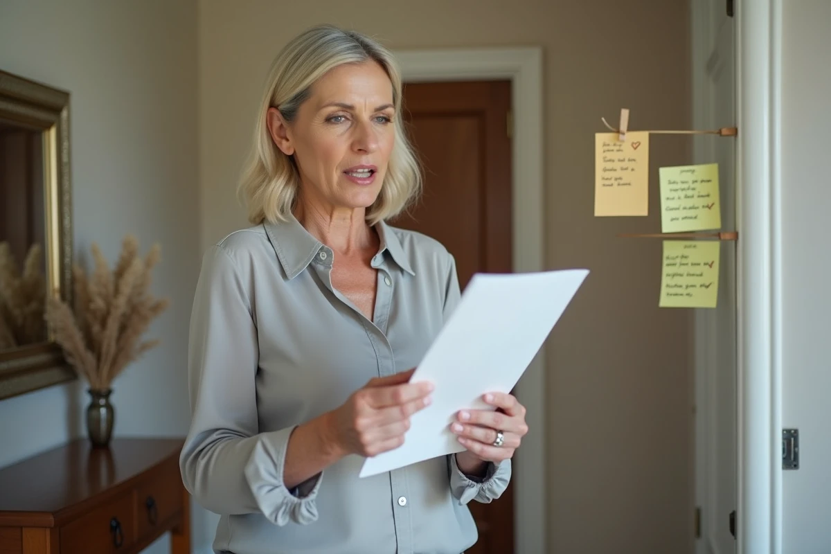 Femme répétant son discours de mariage à voix haute devant un miroir avec sa feuille de notes à la main
