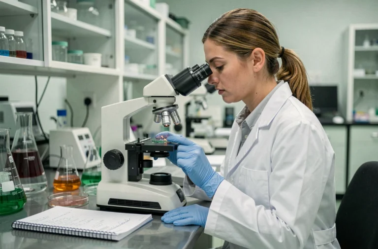 Scientifique examinant des poux au microscope dans un laboratoire de recherche universitaire