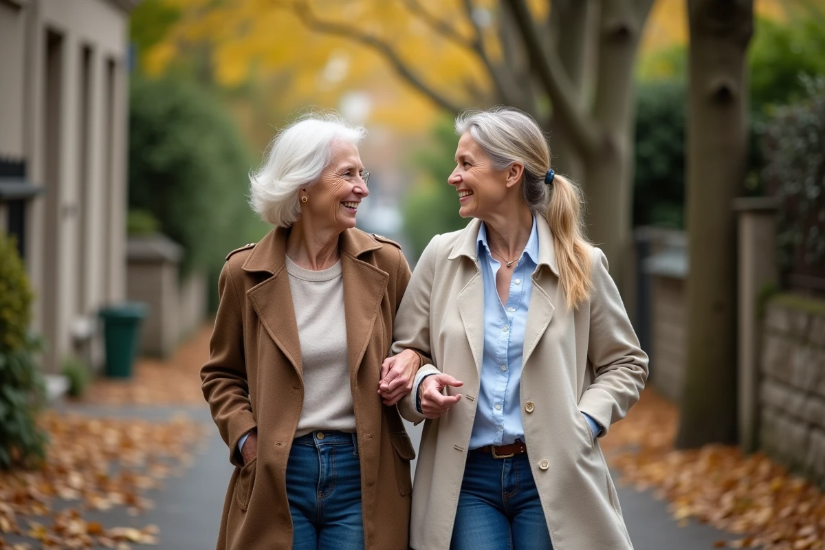 Fille adulte accompagnant sa mère âgée lors d'une promenade en extérieur dans un village français
