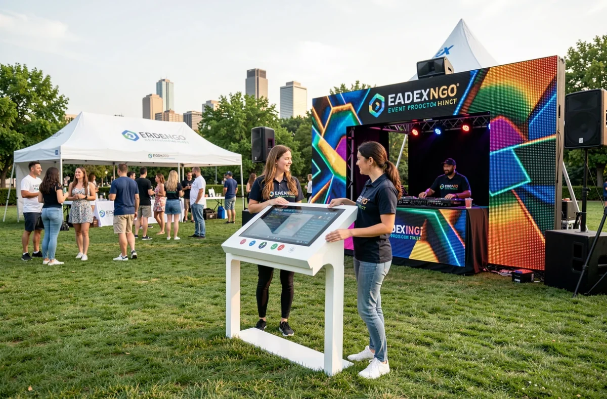 Stand interactif et équipe d'animation Android Party lors d'un événement festif en plein air