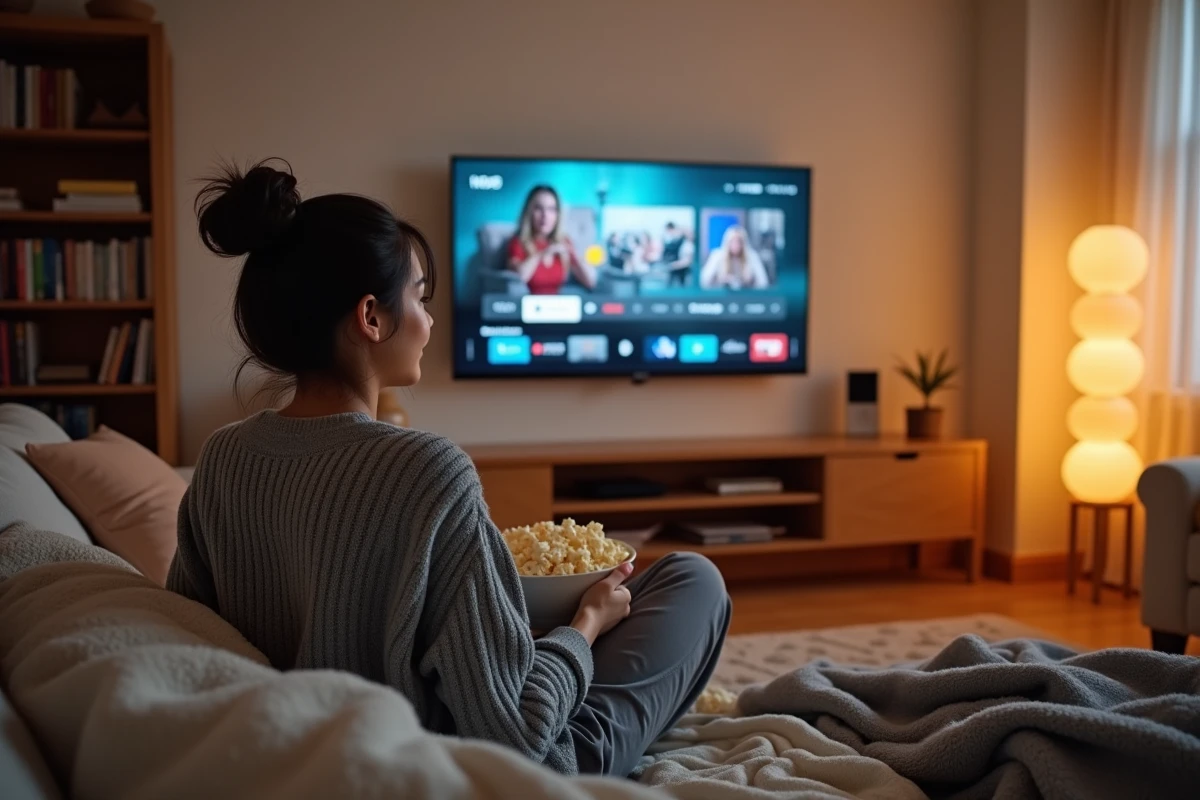 Jeune femme regardant un film en streaming gratuitement sur sa télévision depuis son canapé