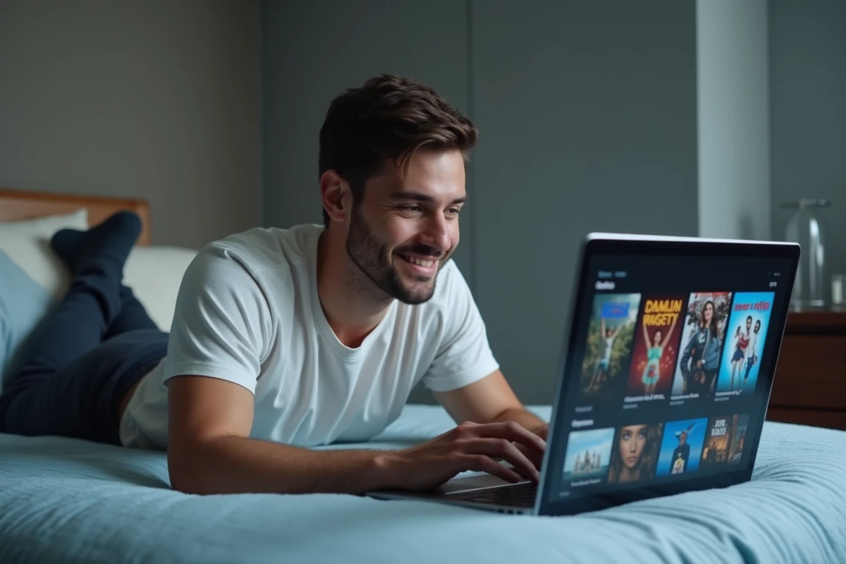 Homme consultant une plateforme de streaming gratuit sur son ordinateur portable allongé sur son lit