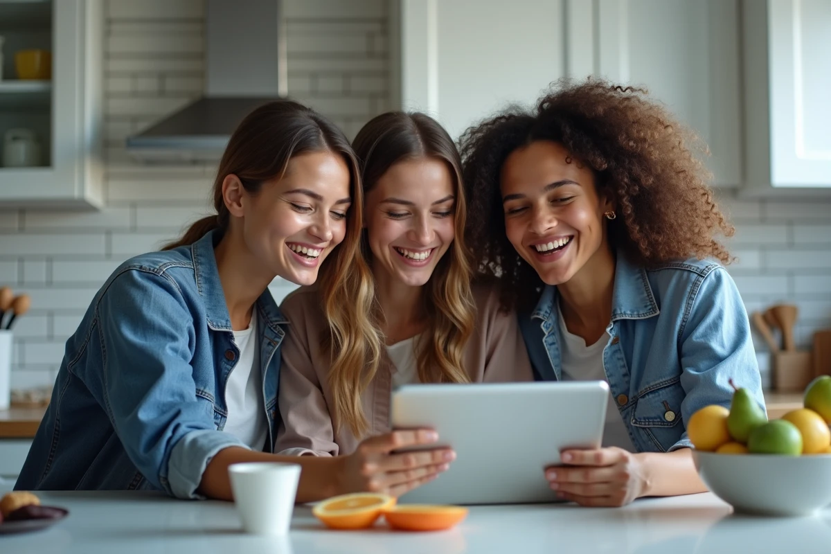 Groupe d'amis regardant une série en streaming gratuit sur une tablette dans une cuisine moderne