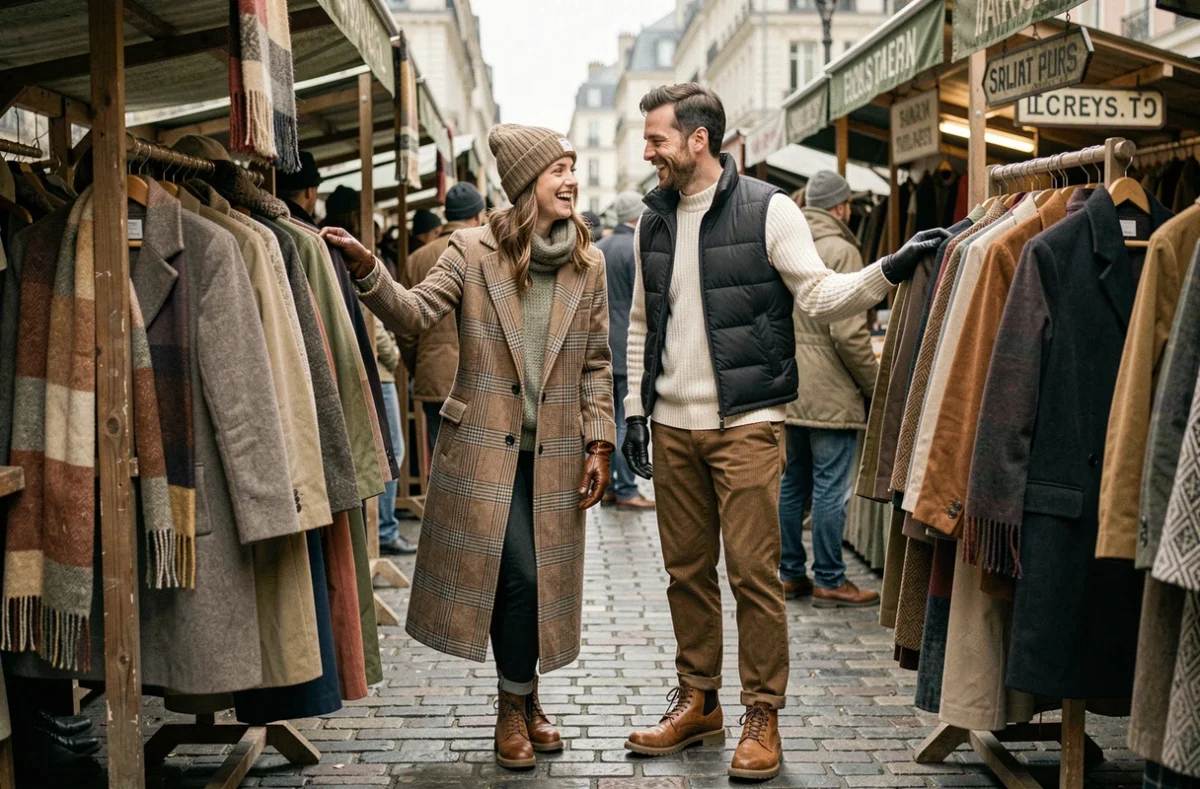 Deux amis parisiens bien habillés en hiver au marché aux puces, feuilletant des vêtements vintage