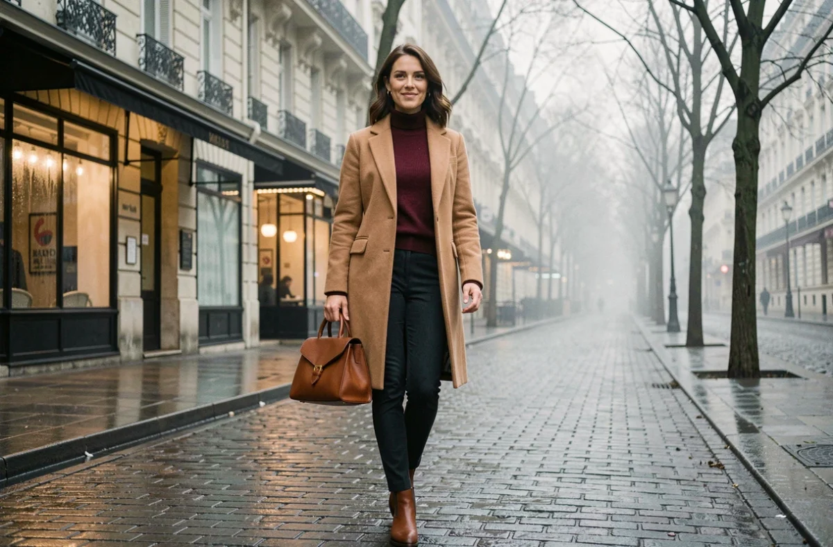Femme élégante en manteau camel marchant sur un boulevard haussmannien à Paris en hiver