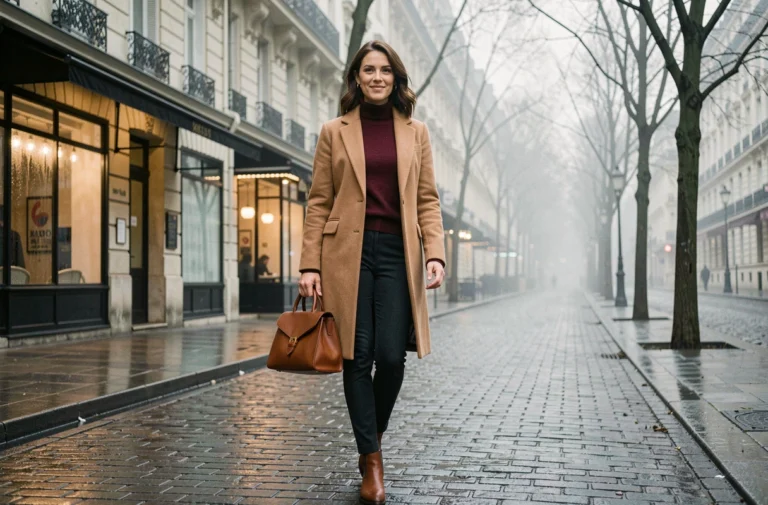 Femme élégante en manteau camel marchant sur un boulevard haussmannien à Paris en hiver