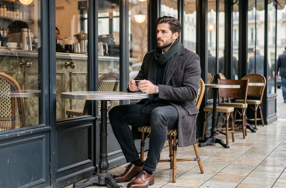 Homme parisien stylé en manteau oversize assis en terrasse de café en hiver