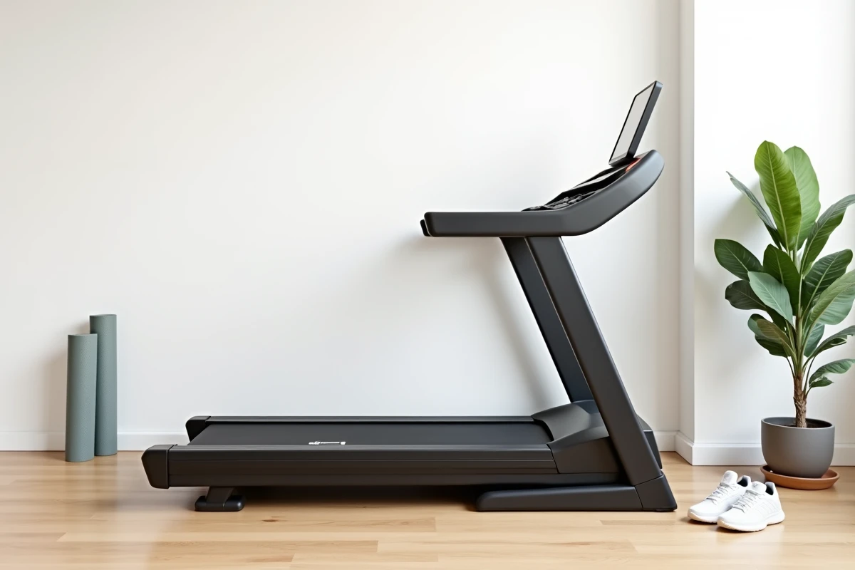 Tapis de course ISE SY-1001 plié dans un salon minimaliste scandinave, idéal pour les petits espaces