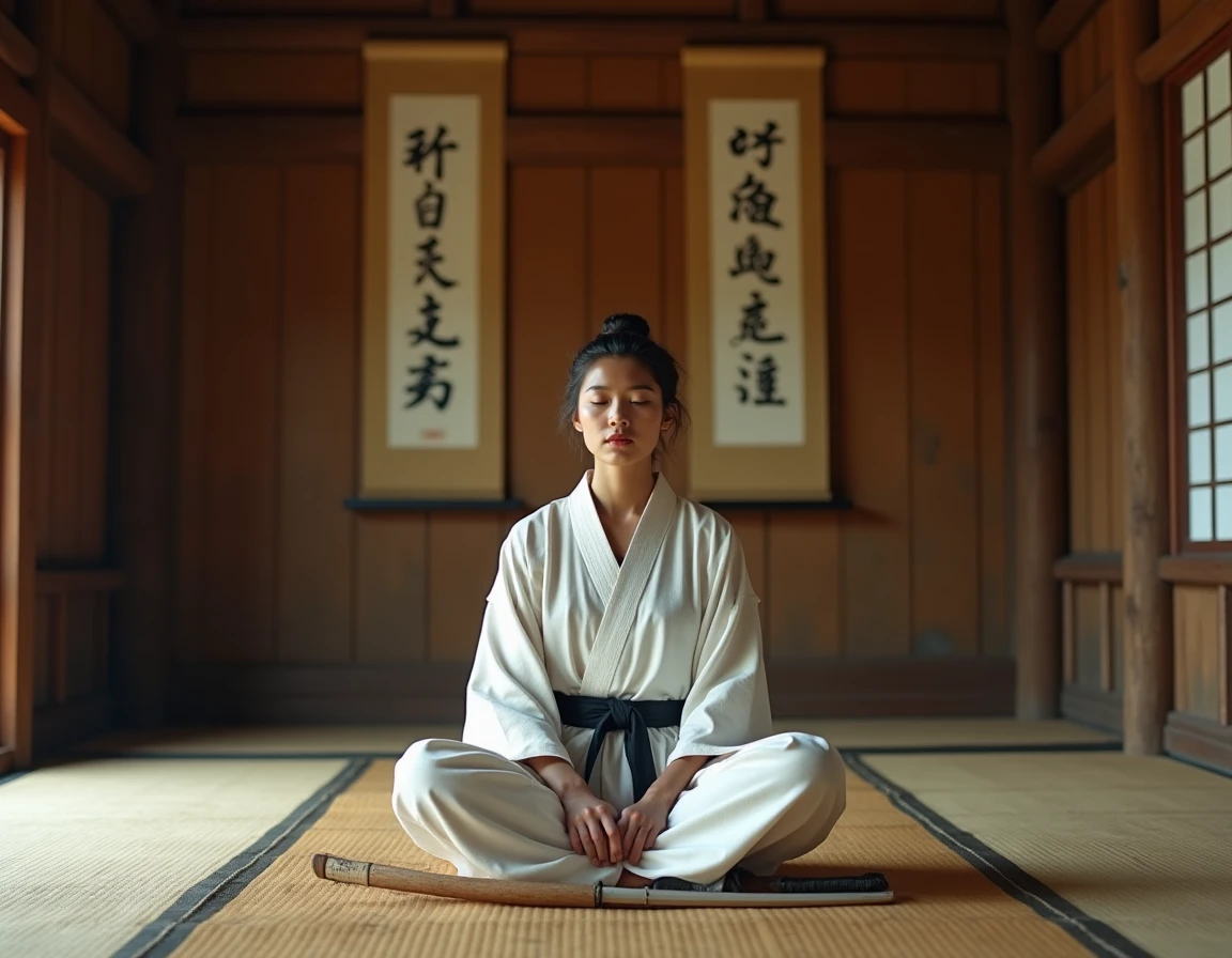 Jeune femme en tenue traditionnelle japonaise méditant dans un dojo en bois avec des calligraphies au mur