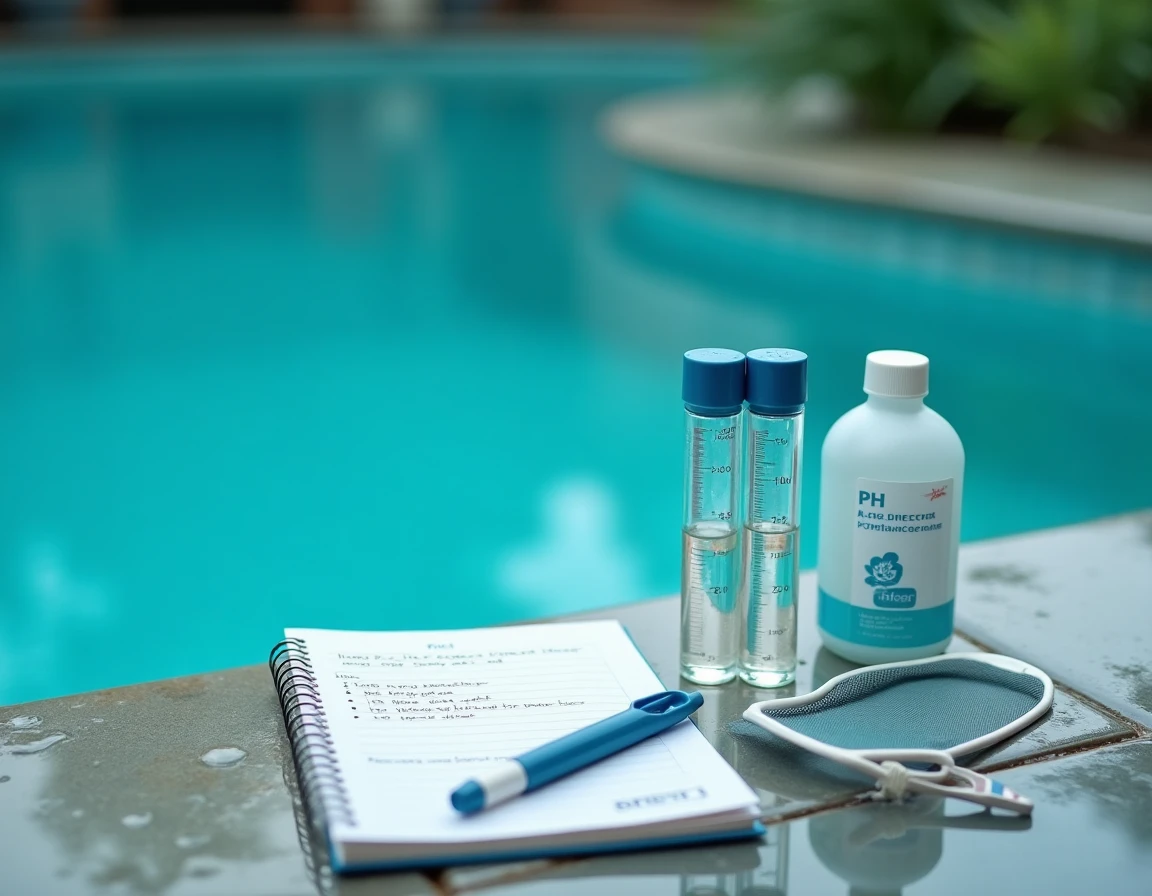 Kit de test de l'eau de piscine posé sur le carrelage mouillé après une pluie avec produits de traitement chimique